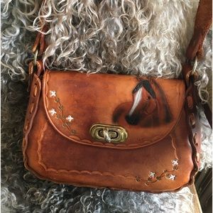 Vintage 70s Horse Handmade Tooled Painted Leather Brown Shoulder Bag Cowgirl